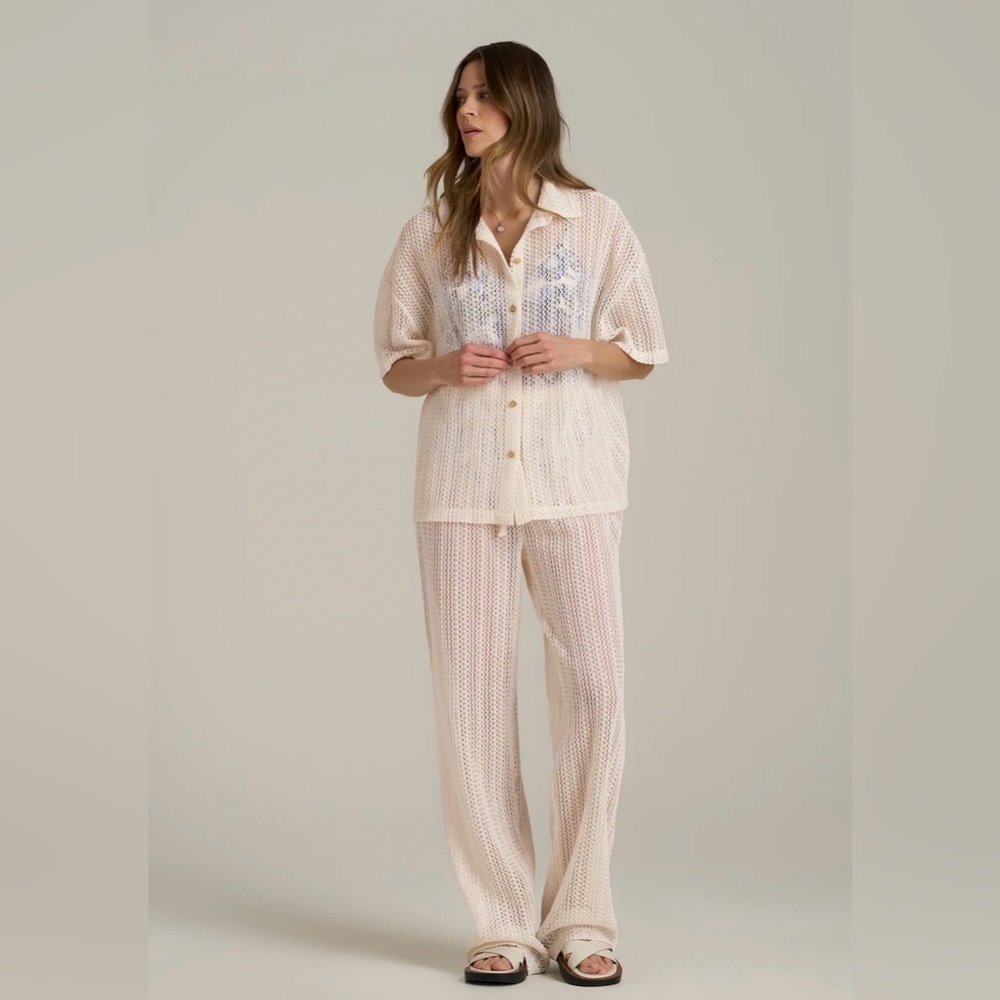 American Tall Openwork Loose Knit short Sleeve  Top natural Cream S Button down - Picture 4 of 8